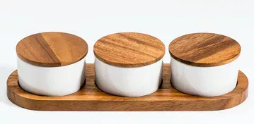 Ceramic Condiment Set on Acacia Wood Base